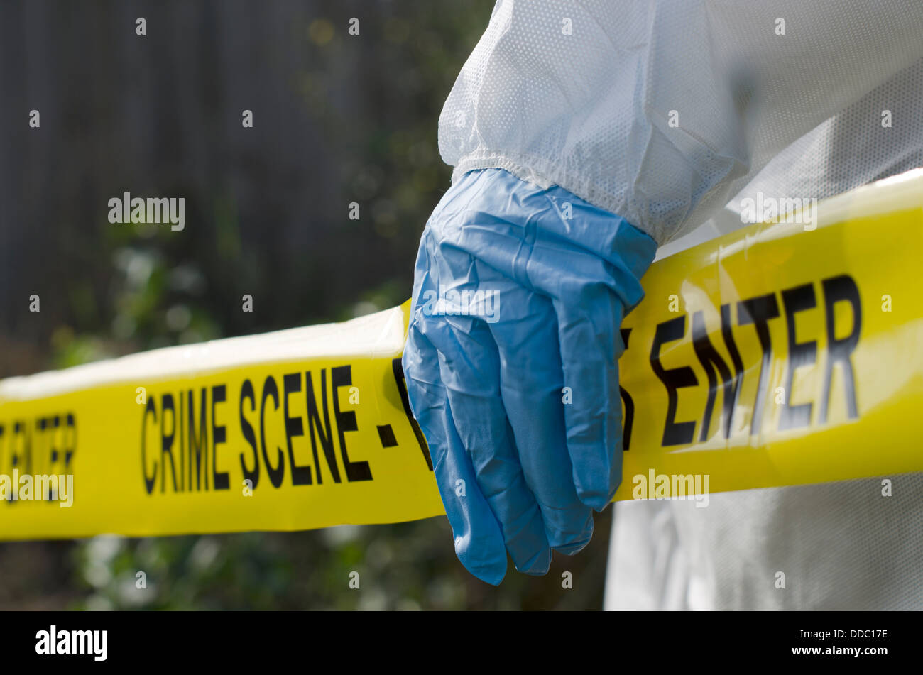 Forensic investigator working at a crime scene Stock Photo