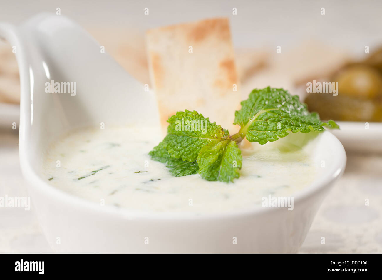Greek Tzatziki yogurt dip and pita bread Stock Photo Alamy