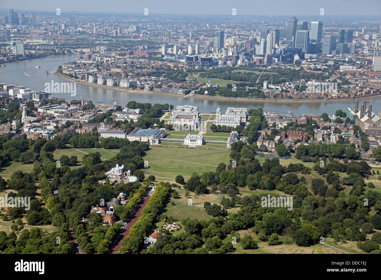 aerial view of Greenwich Park, River Thames, Isle of Dogs and Canary Wharf in East London Stock Photo