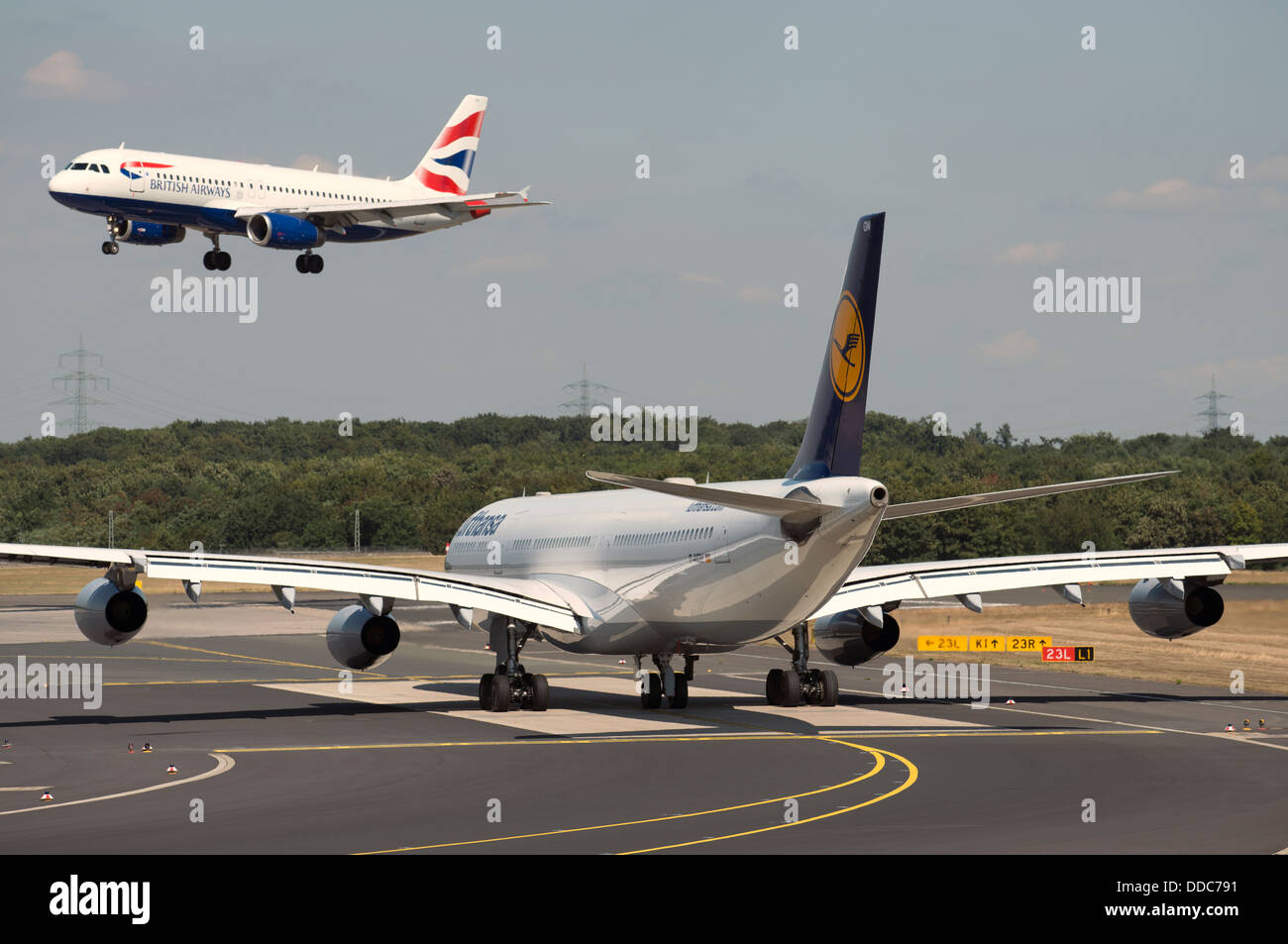 Lufthansa Airbus A340-300 waiting to take-off at Dusseldorf International airport, Germany. Stock Photo