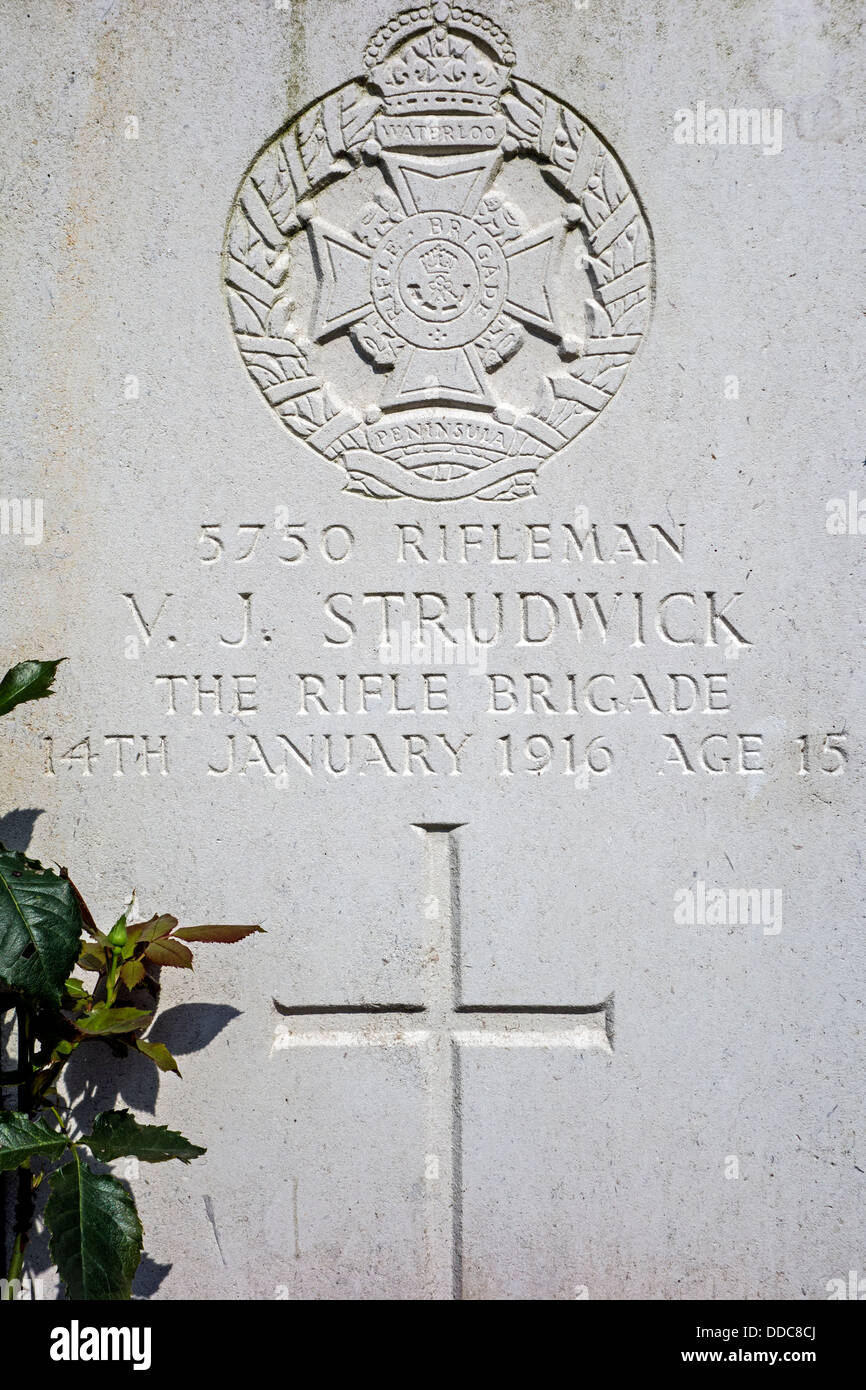 Headstone of 15 year old Joe Strudwick, one of the youngest British First World War One casualties, Essex Farm Cemetery, Belgium Stock Photo