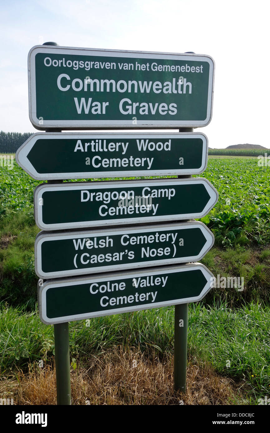 Signposts for First World War One British military cemeteries of the Commonwealth War Graves Commission, West Flanders, Belgium Stock Photo