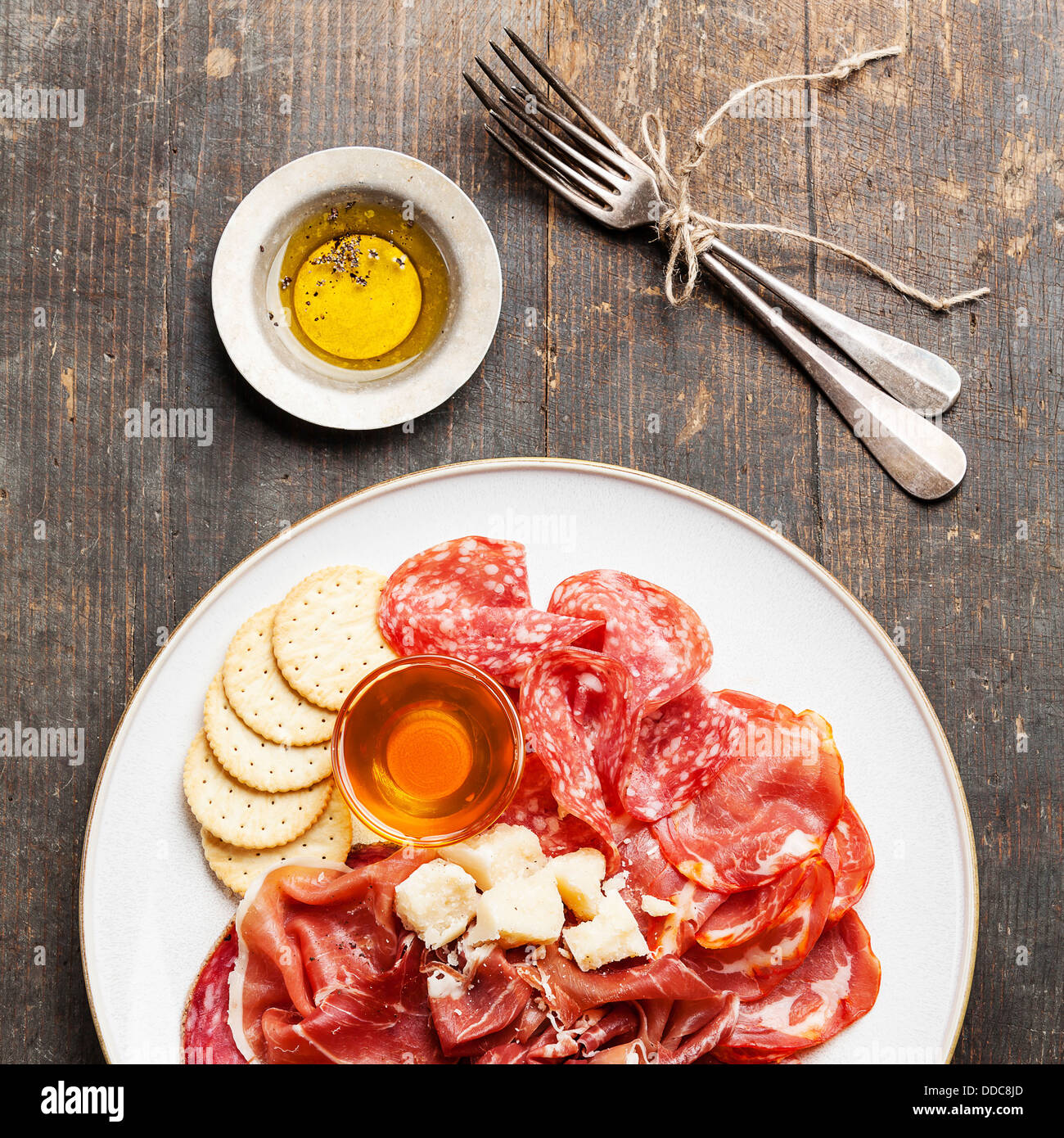 Platter of Assorted Snack ham, salami, cheese and honey Stock Photo Alamy