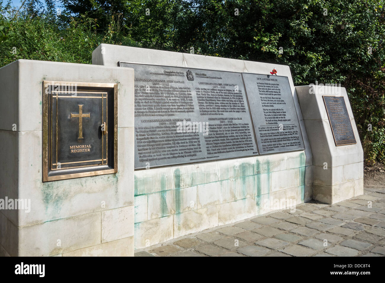 First World War One memorial to Canadian Dr John McCrae, who wrote the poem In Flanders Fields, Ypres, West Flanders, Belgium Stock Photo