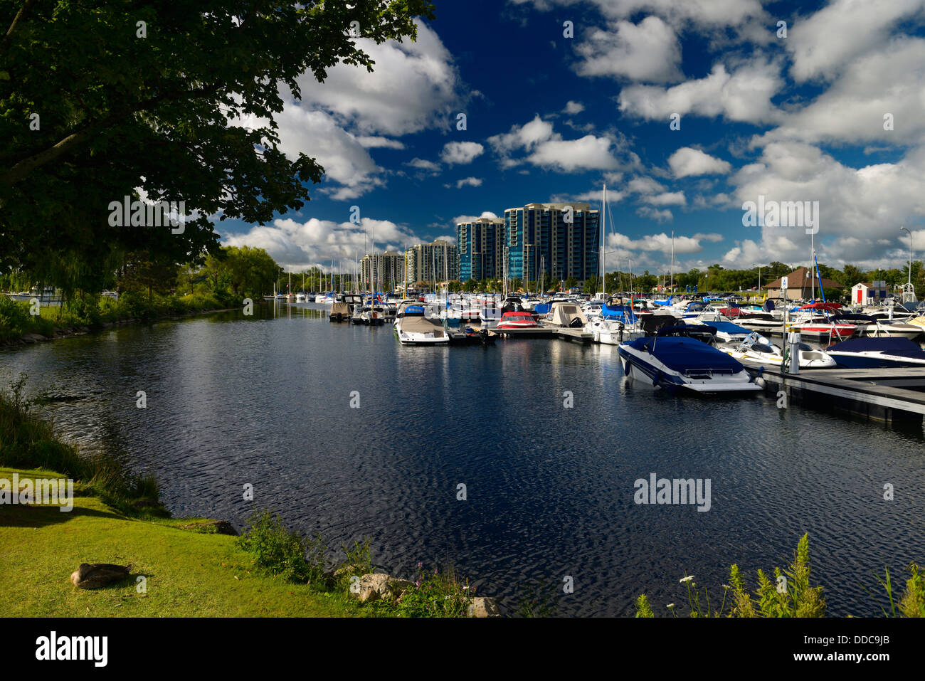 Morning at Barrie Ontario Marina on Kempenfelt Bay with boats and condos Stock Photo