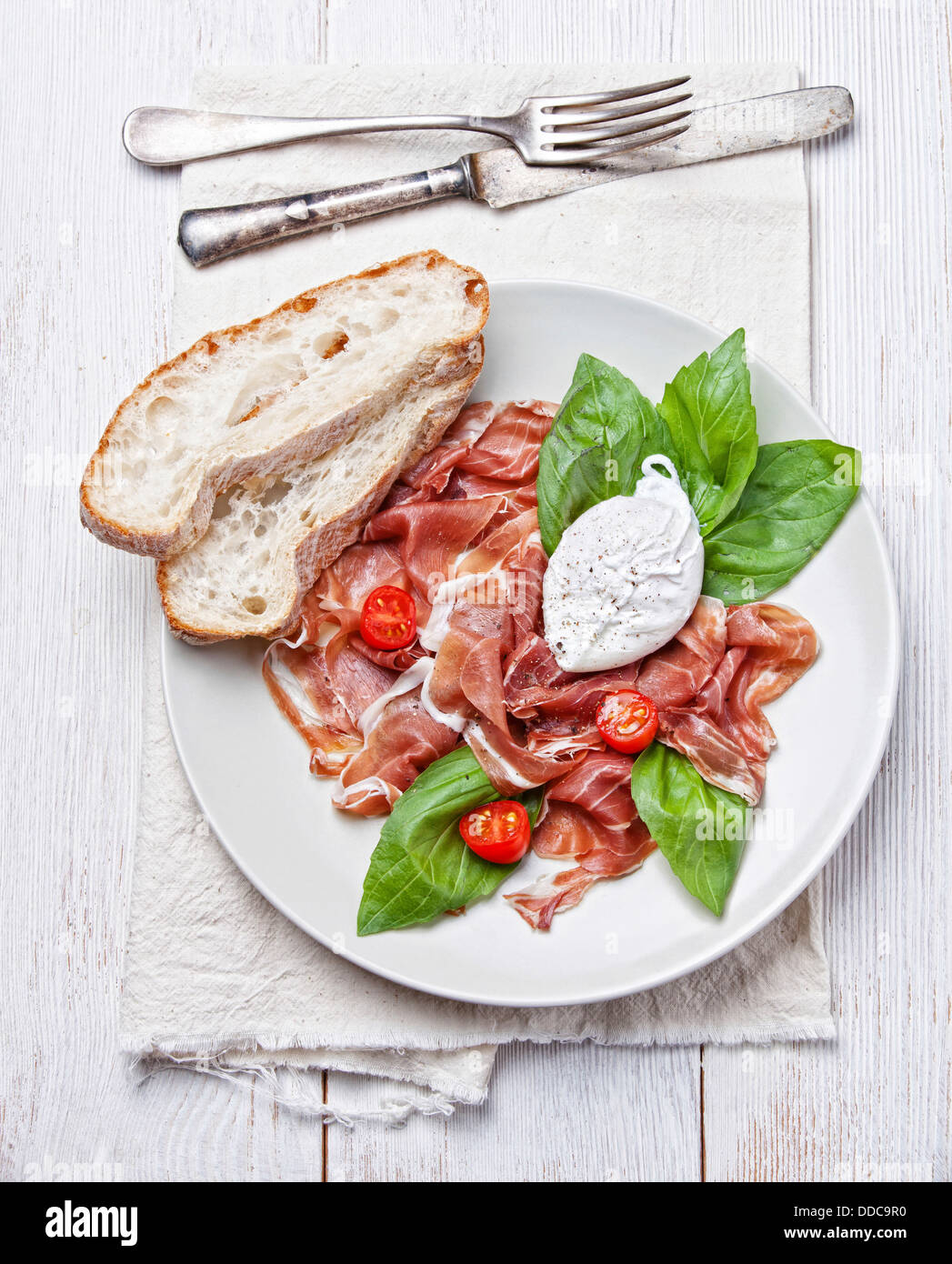 Ham salad with poached egg Stock Photo