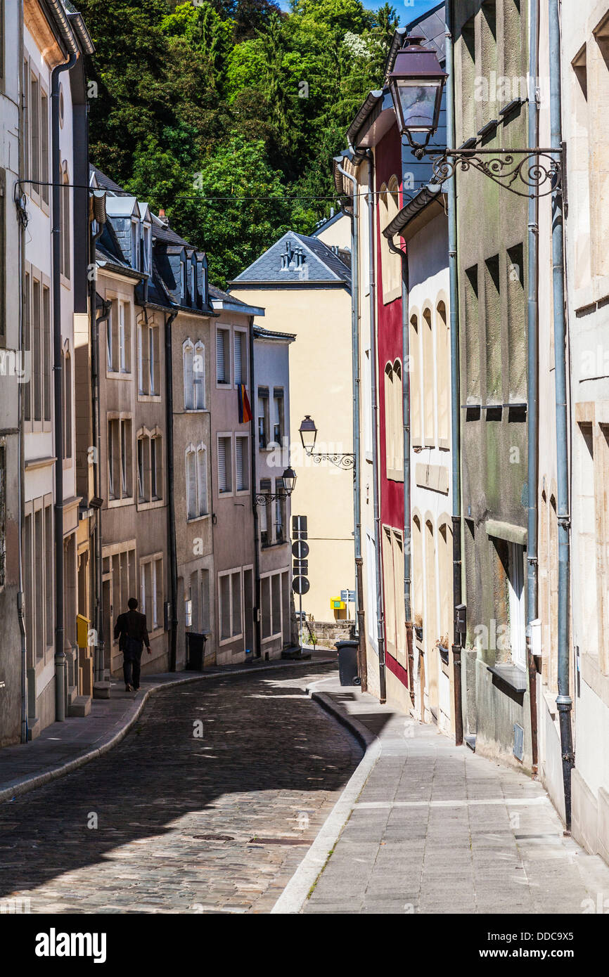 A pretty cobbled street in the Grund district of Luxembourg City. Stock Photo