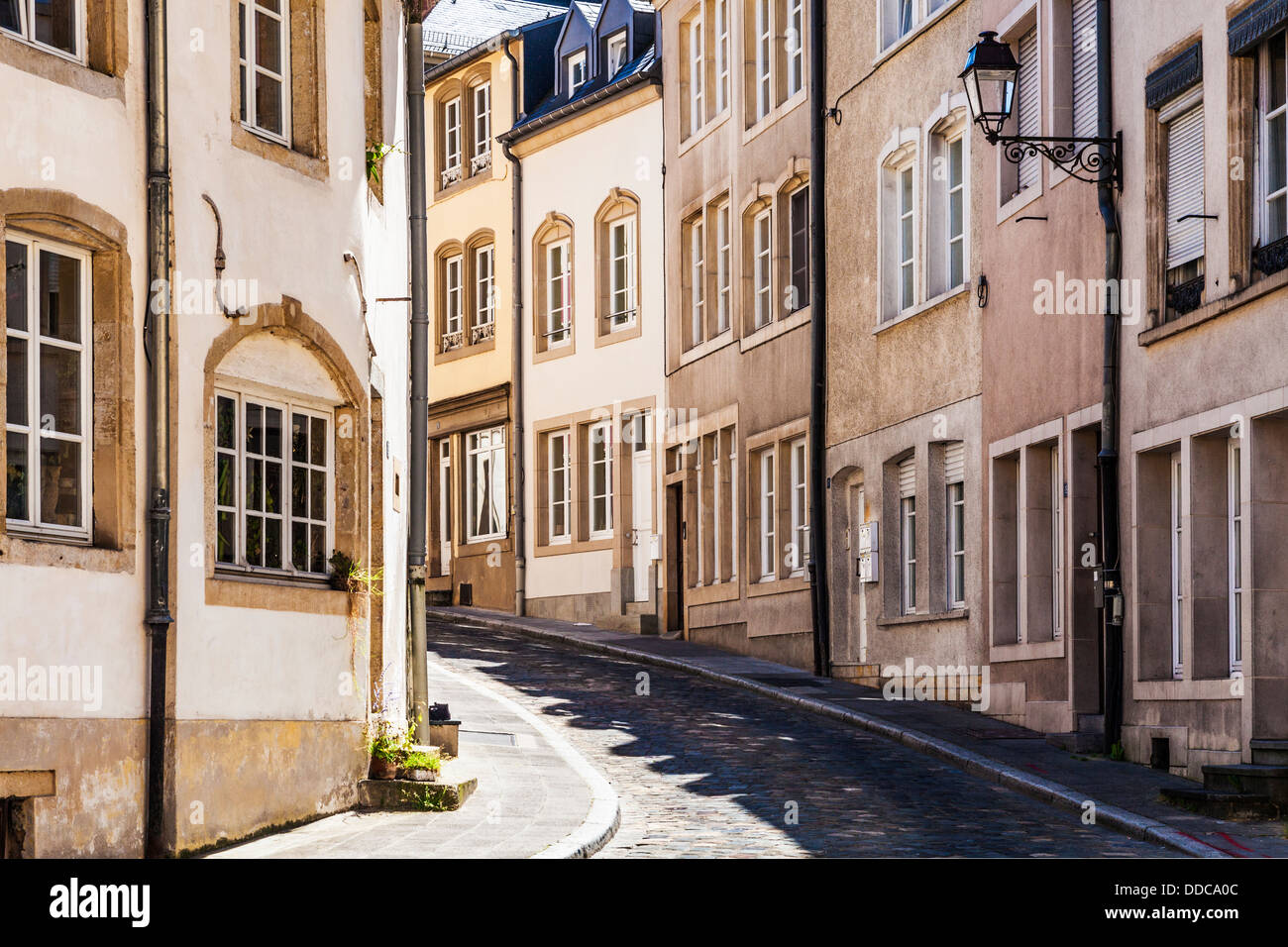 A pretty cobbled street in the Grund district of Luxembourg City. Stock Photo