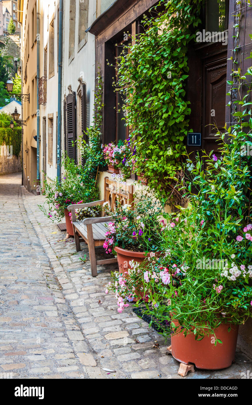 A pretty cobbled street in the Grund district of Luxembourg City. Stock Photo