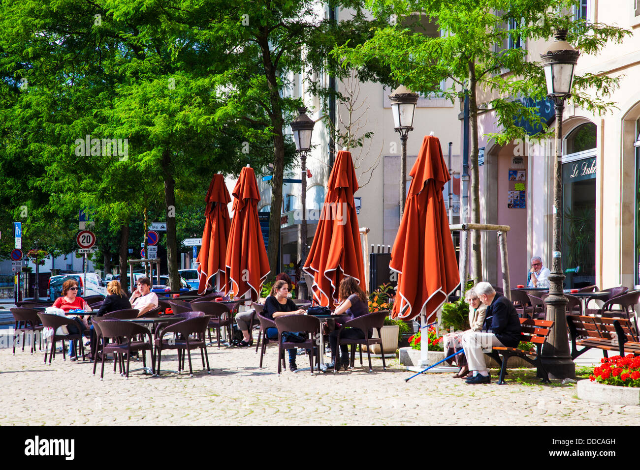 An outdoor cafe bar near Place de Clairefontaine in Luxembourg City. Stock Photo