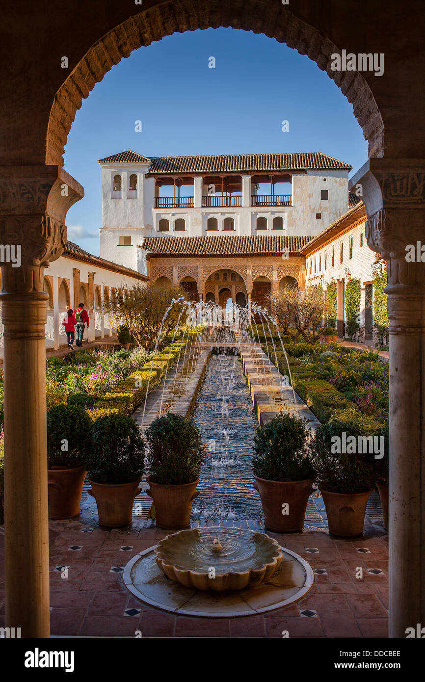 Patio de la Acequia (courtyard of irrigation ditch). El Generalife. La Alhambra. Granada. Andalusia Stock Photo