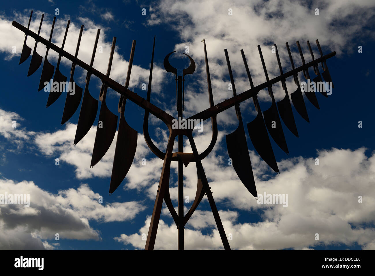 Spirit Catcher sculpture in Barrie Ontario against a blue sky with clouds Stock Photo