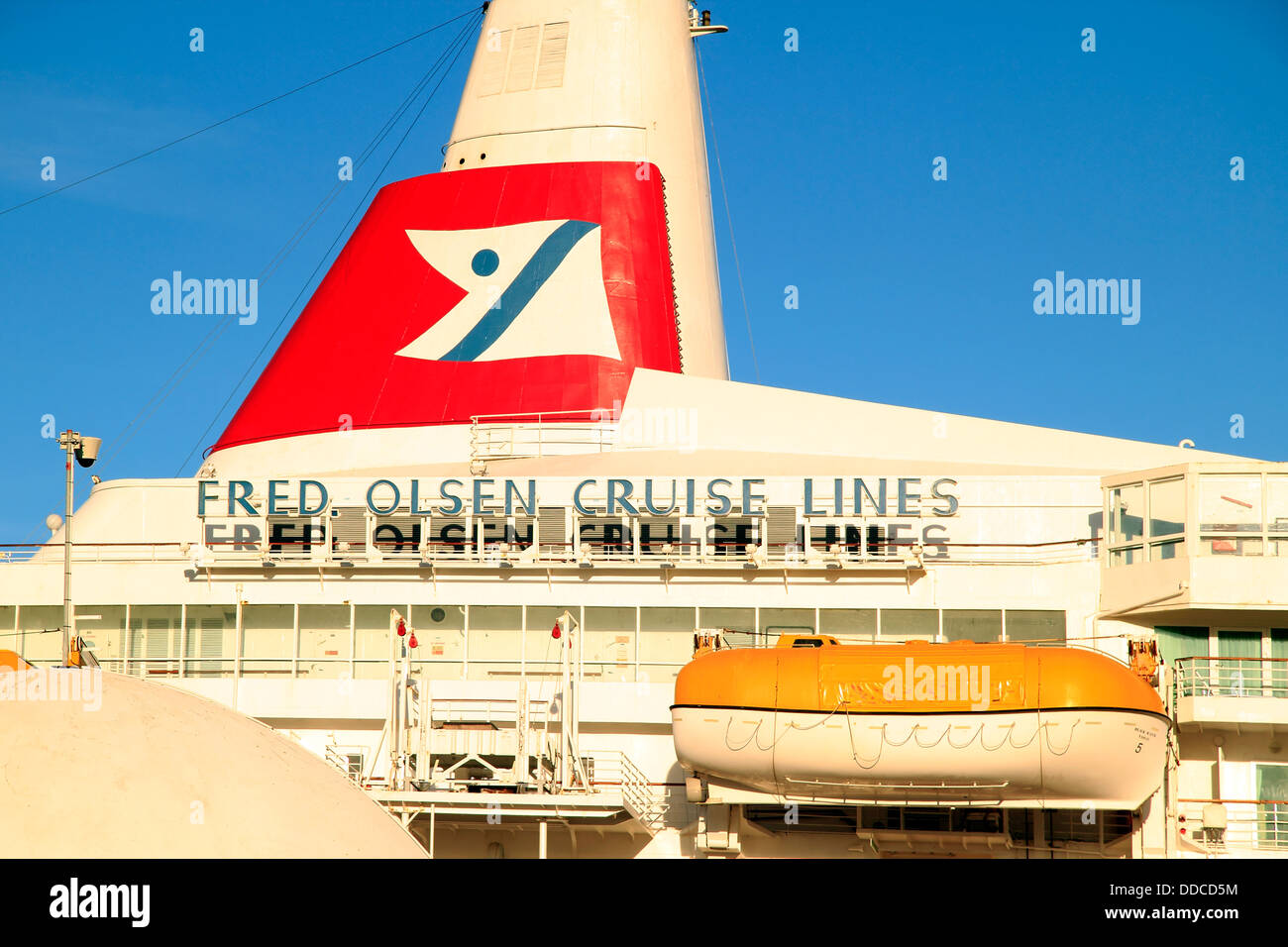 Top deck of a cruise ship with a lifeboat Stock Photo