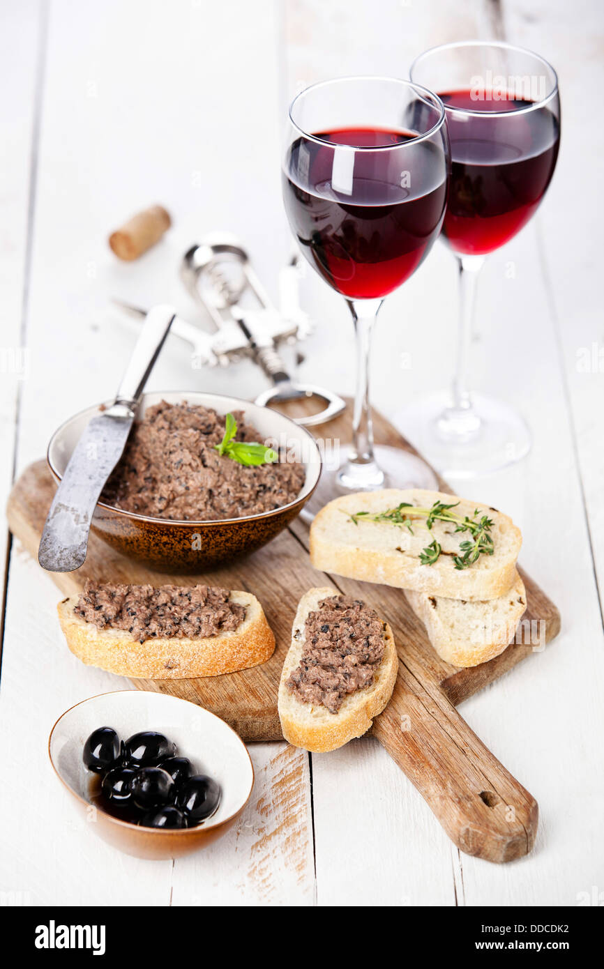 Ciabatta bread with olive paste tapenade Stock Photo