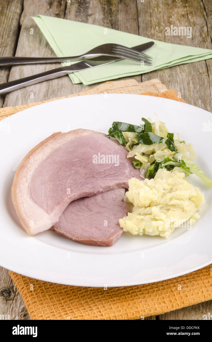 bacon with cabbage and mashed potato Stock Photo Alamy