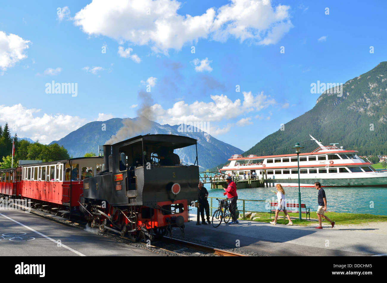 The Achensee Steam Cog Railway driven by the World’s oldest steam cog locomotives. Here Seespitz station, ferry Stock Photo