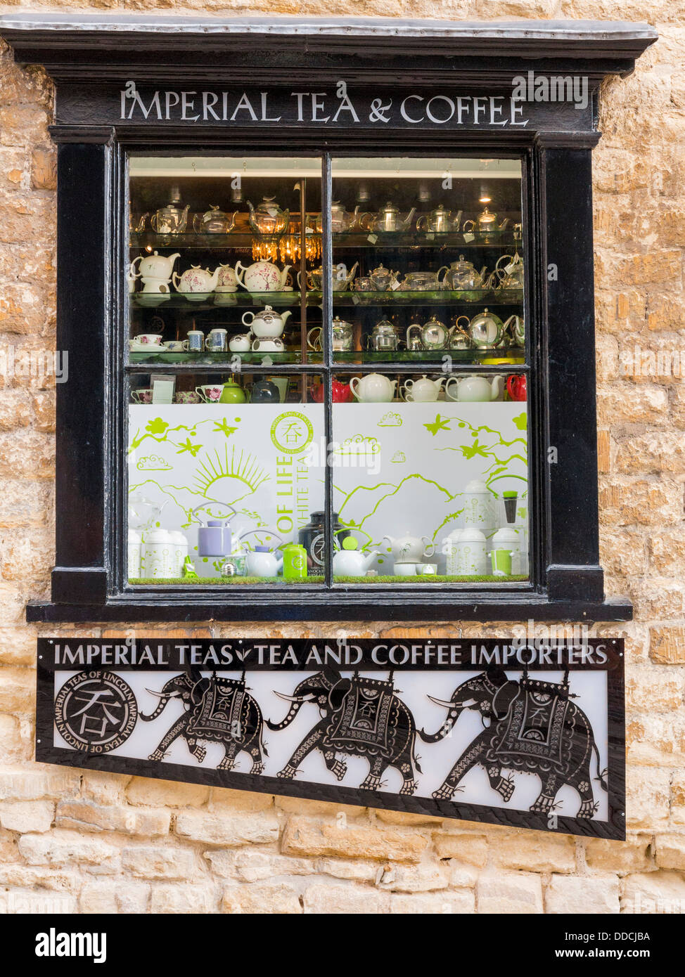 Imperia tea and coffee shop window with teapots in Lincoln, England