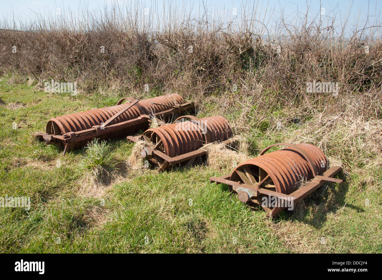 Rust covered farm machinery tilling rollers in field by hedge in early spring Stock Photo