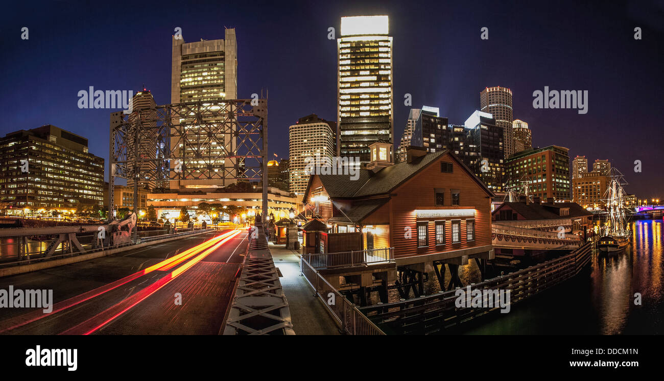 Tea Party Museum and Skyline view at dusk on Congress Street Bridge