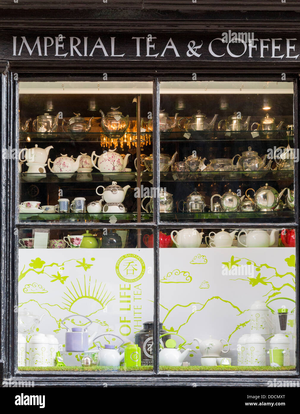 Imperia tea and coffee shop window with teapots in Lincoln, England