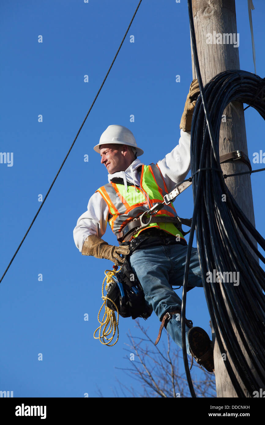 Cable lineman reviewing cable path to house from power pole Stock Photo ...