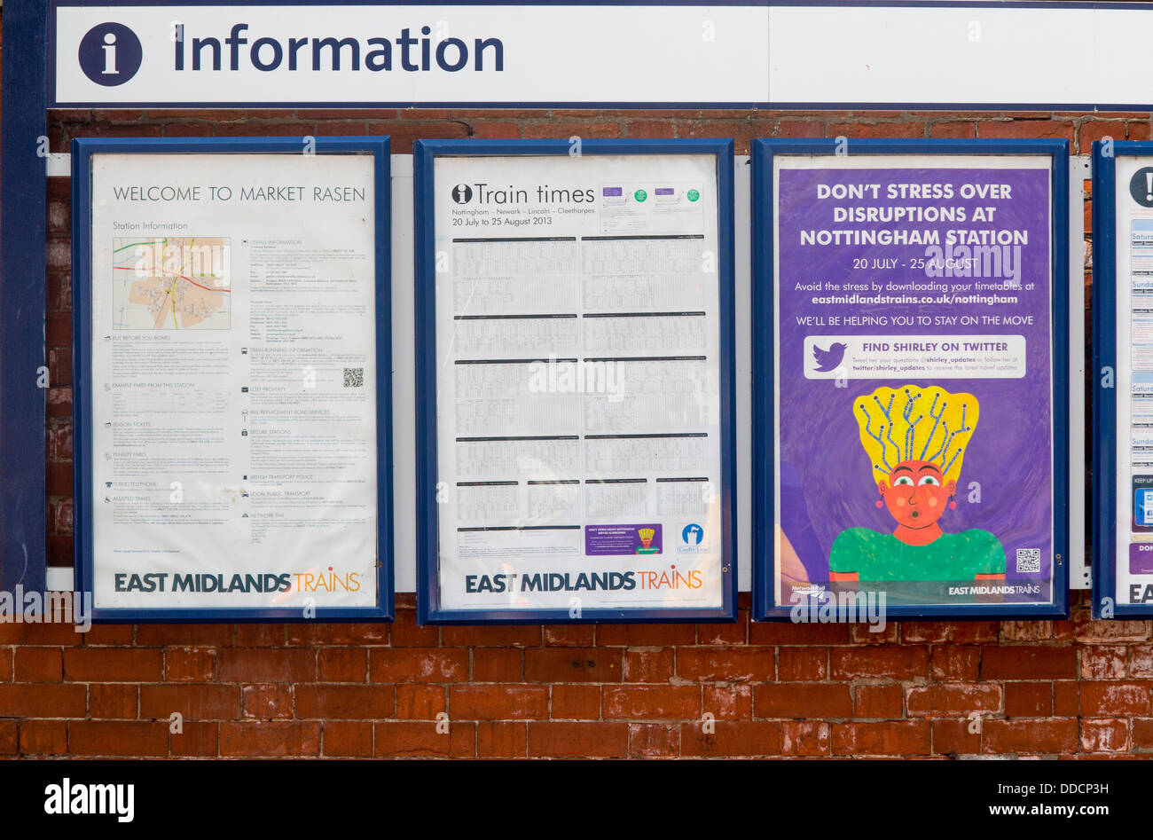 Train times information boards in Market Rasen, Lincolnshire Stock Photo