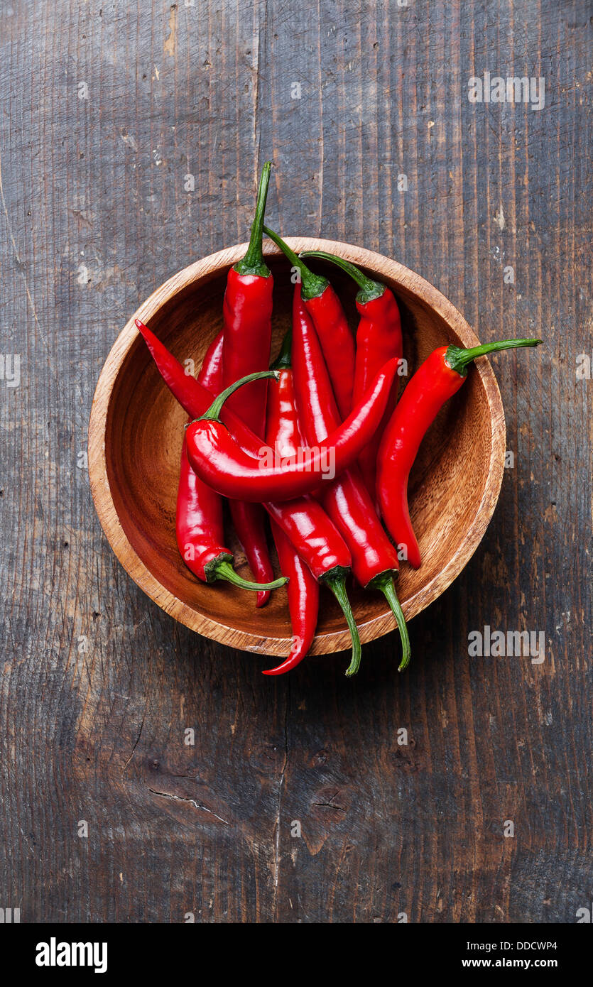 Red Hot Chili Peppers in wooden bowl on old wooden background Stock ...