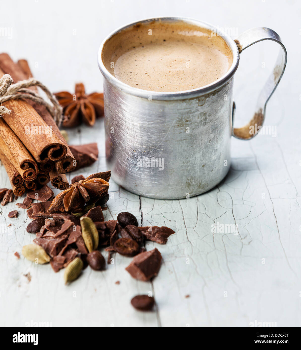 Coffee in aluminum mug with spices Stock Photo