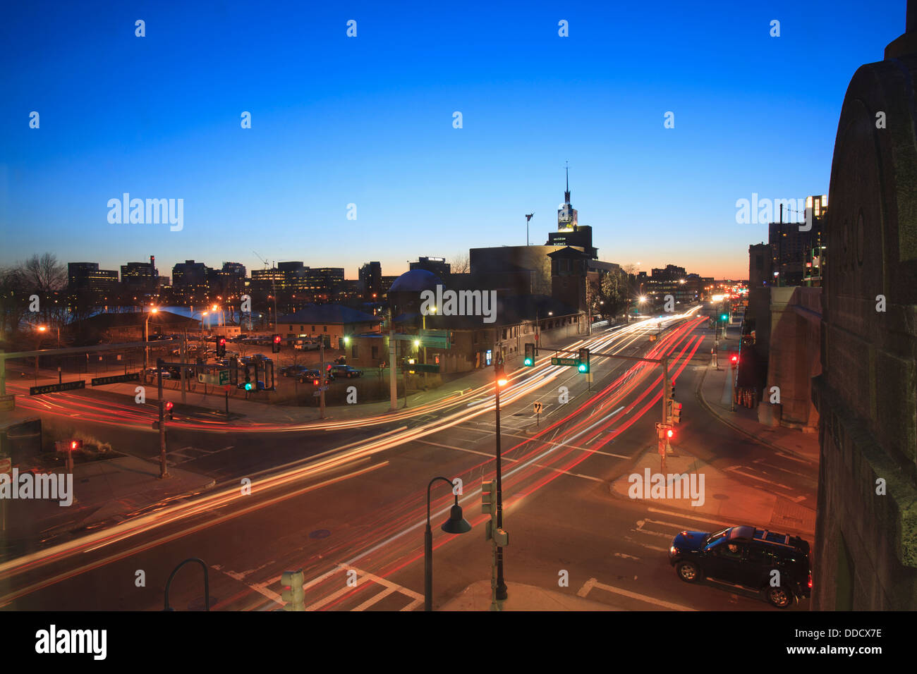 Leverett Circle at dusk at edge of transportation station looking toward Museum Of Science