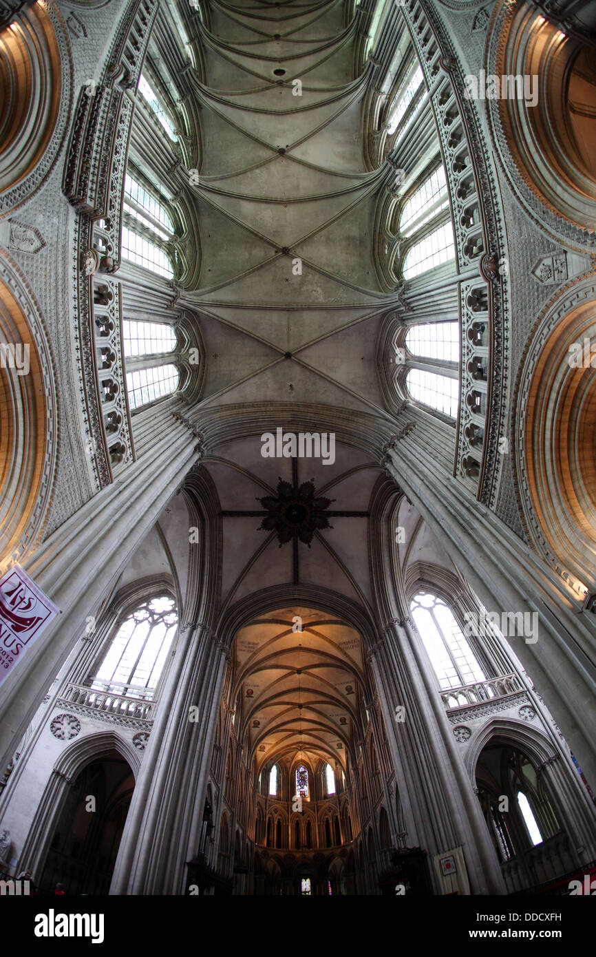 Bayeux cathedral roof interior, ceiling of the Nave Stock Photo