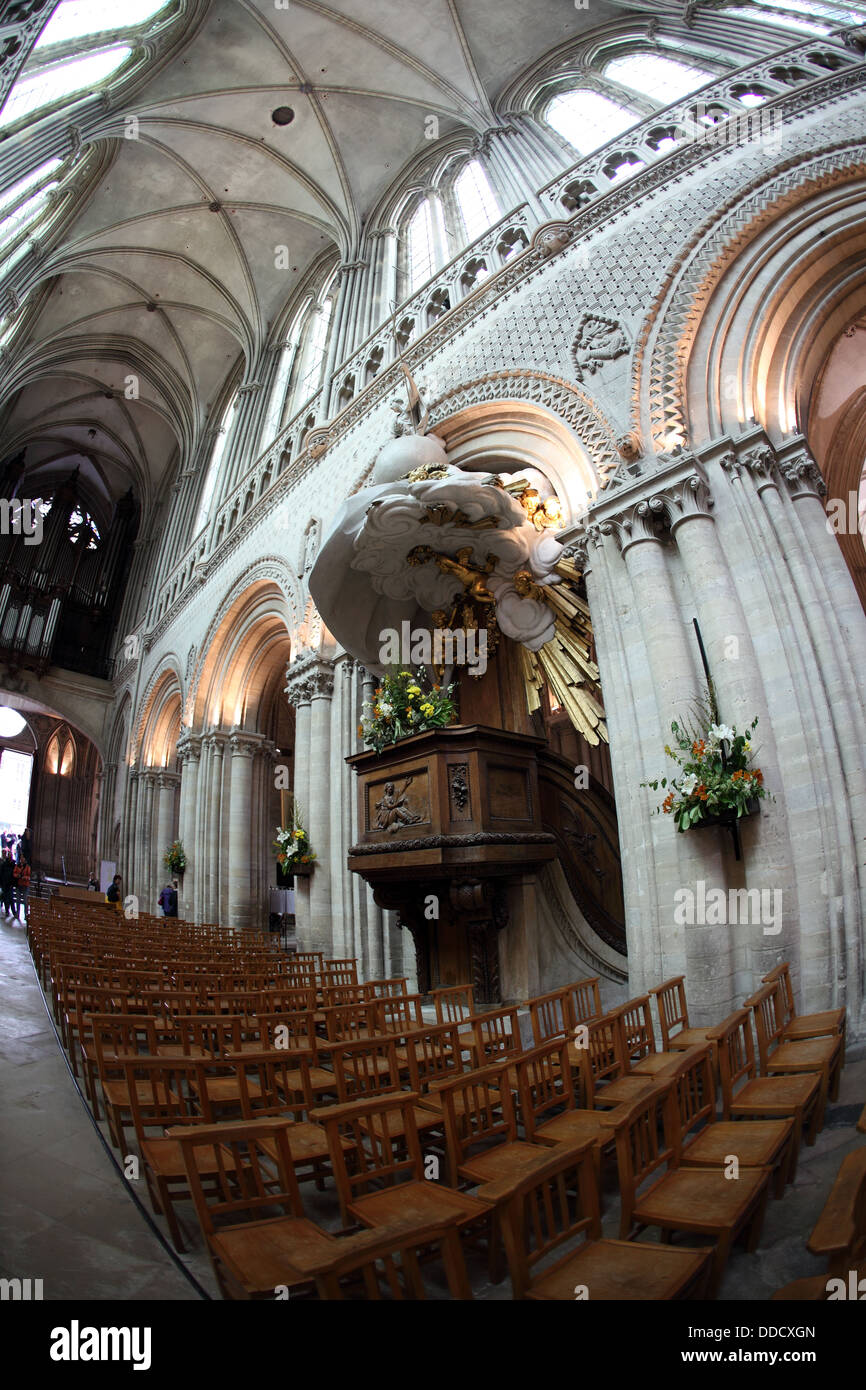 Bayeux cathedral roof interior, Pulpit and Nave. Stock Photo