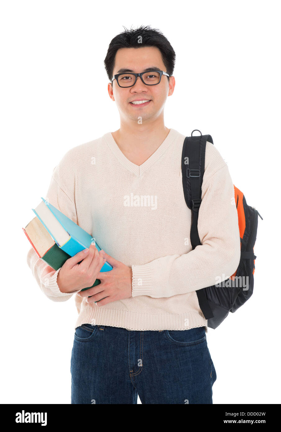Asian adult student in casual wear with school bag carrying text books standing isolated on