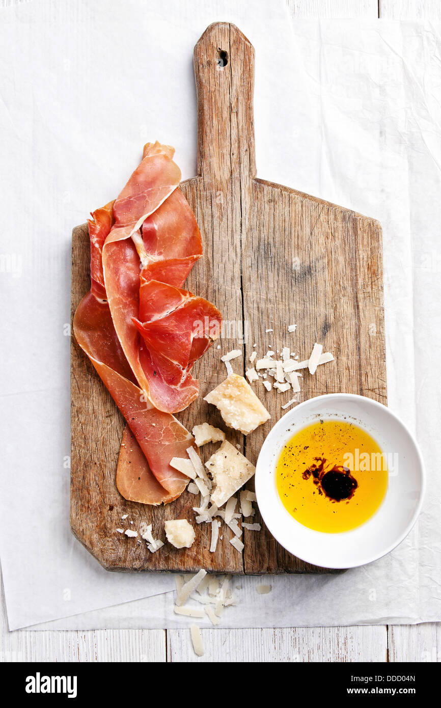 Cured Meat, Cheese and bread Stock Photo