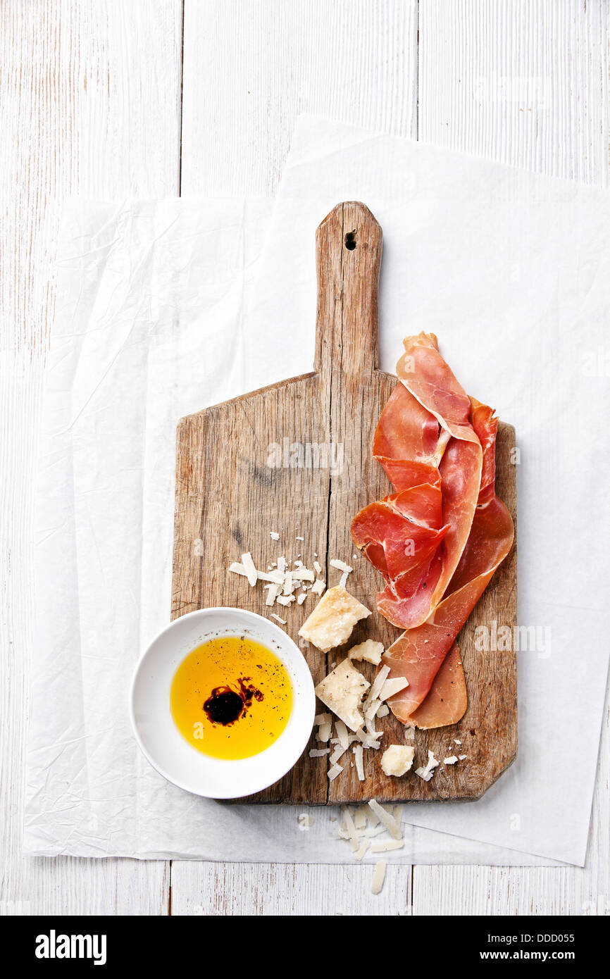 Cured Meat, Cheese and bread Stock Photo