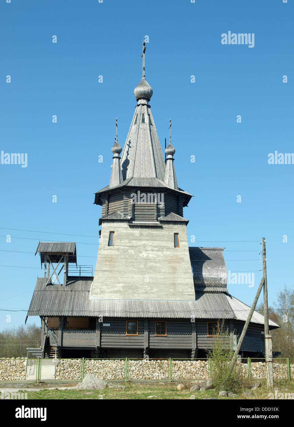 Church in village in the spring, Karelia, Russia Stock Photo