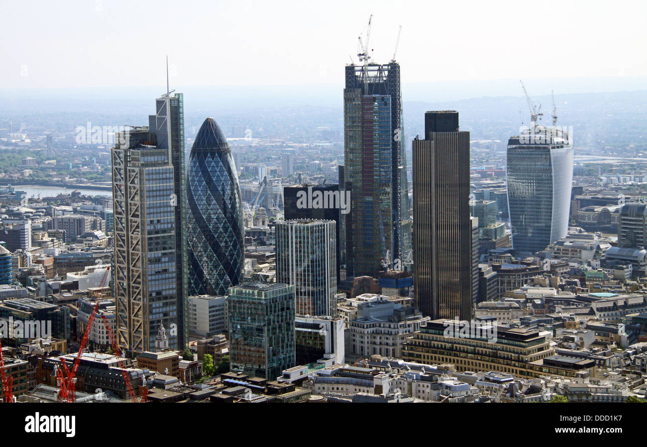 aerial view of the City of London including the Gherkin, Cheese Grater, Walkie-Talkie & NatWest building, business area Stock Photo