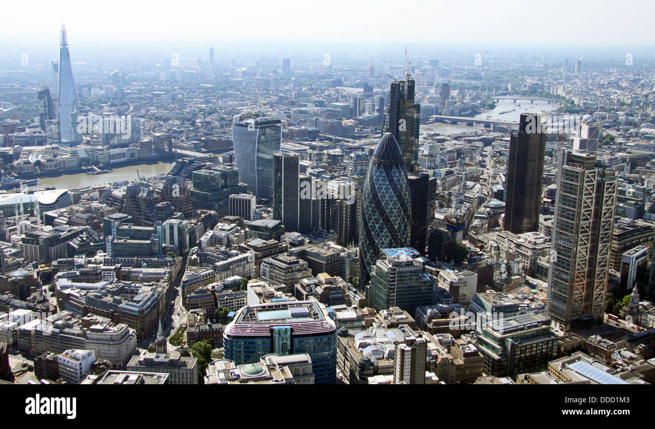 aerial view of the City of London including the Gherkin, Cheese Grater, Walkie-Talkie & NatWest building Stock Photo