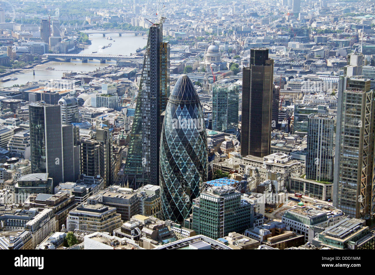 aerial view of the City of London, Gherkin, Cheese Grater and NatWest Tower plus the River Thames, business area Stock Photo