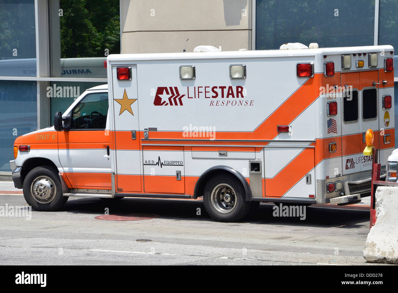 A Lifestar ambulance outside the Baltimore Trauma Center((University of Maryland Medical Trauma Ctr) in Baltimore, Maryland Stock Photo