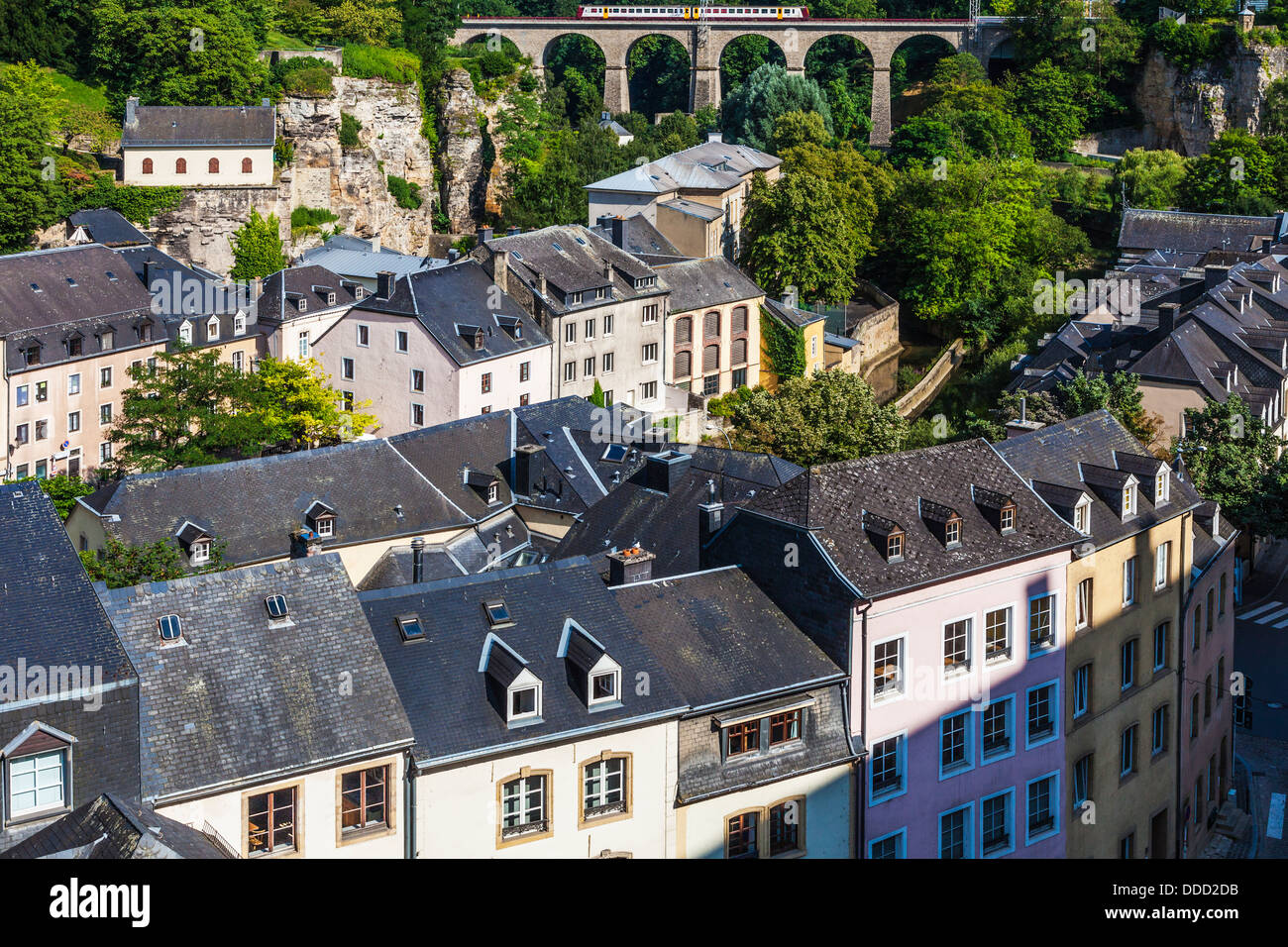 View over the Grund district of Luxembourg City. Stock Photo