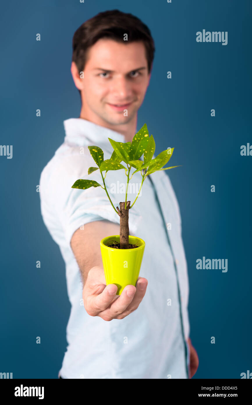 Young man holding a small tree with a blue background Stock Photo Alamy