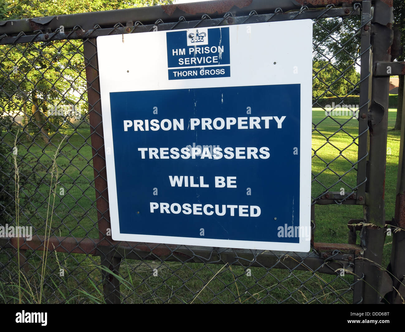 Sign on grounds of HM Prison Thorn Cross YOI Young Offenders Institute, Appleton Thorn, Warrington, Cheshire, England, UK Stock Photo