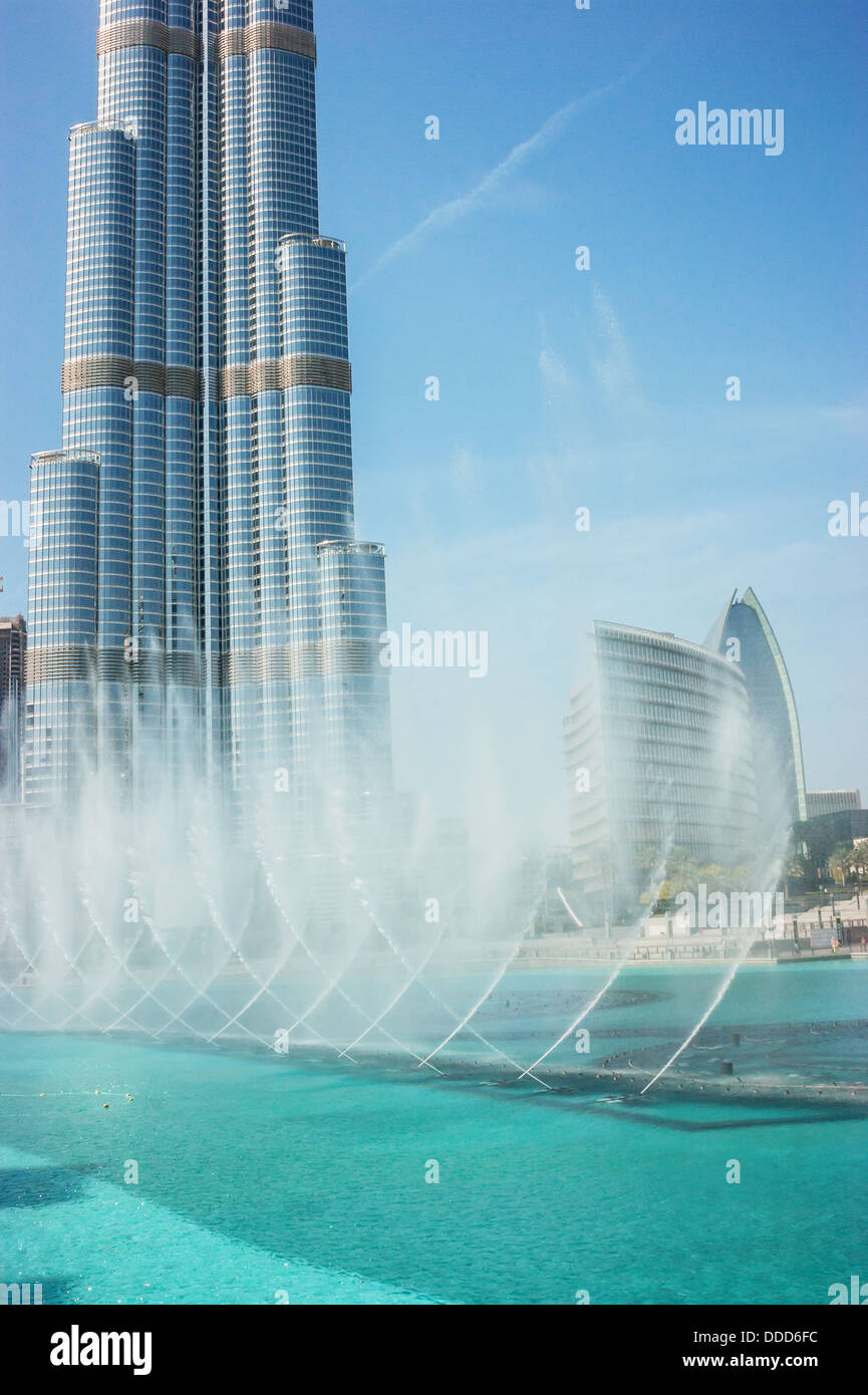Dancing fountains downtown and in a man-made lake in Dubai Stock Photo