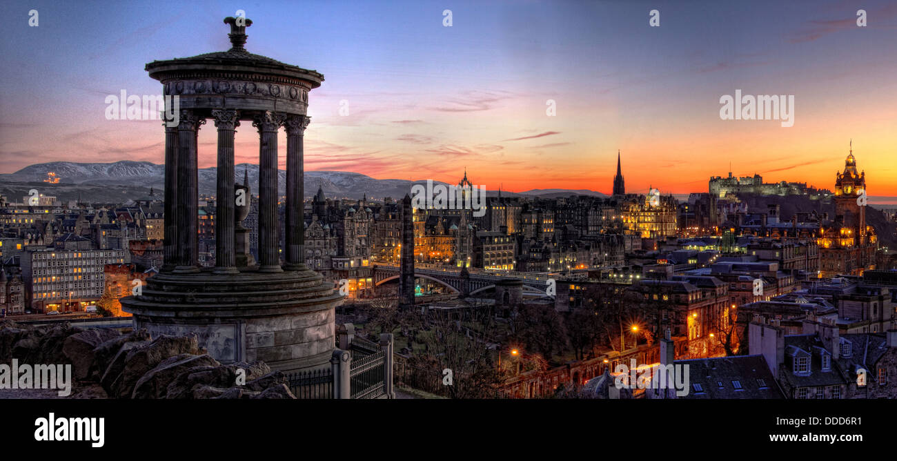 Panoramic wide view over Edinburgh city centre , capital of Scotland at Sunset, from Calton Hill Stock Photo