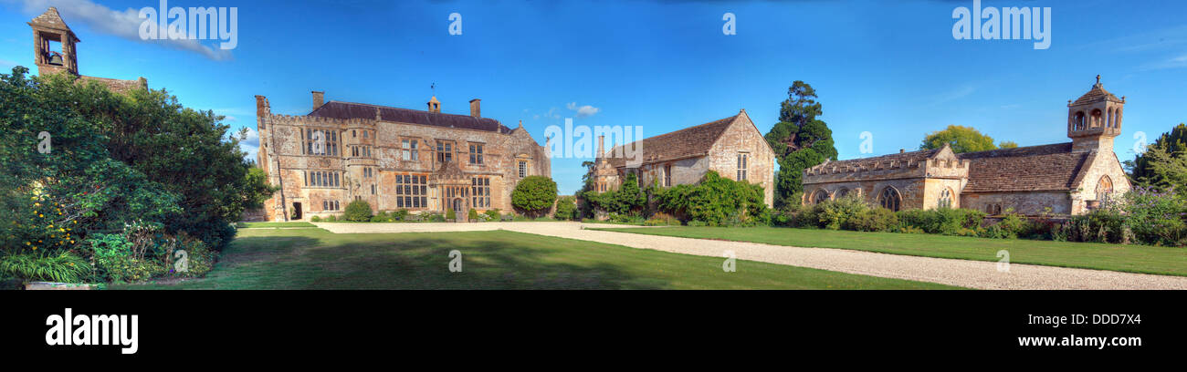 Brympton d'Evercy manor house panorama, including St Andrews Church, near Yeovil, Somerset, South West England, UK Stock Photo