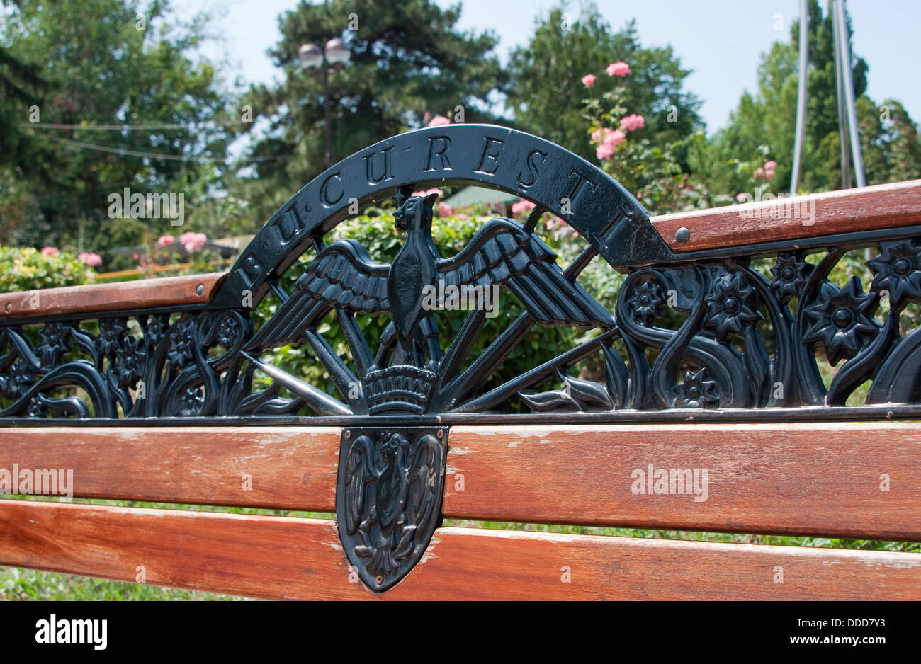 Detail of bench in Herastrau Park, Bucharest Stock Photo - Alamy