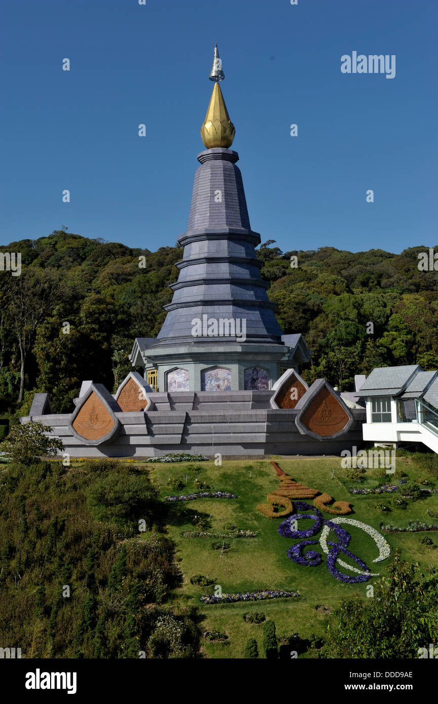 Doi Inthanon National Park Attractions -The Twin Royal Stupas dedicated to His Majesty The King and Queen of Thailand Stock Photo