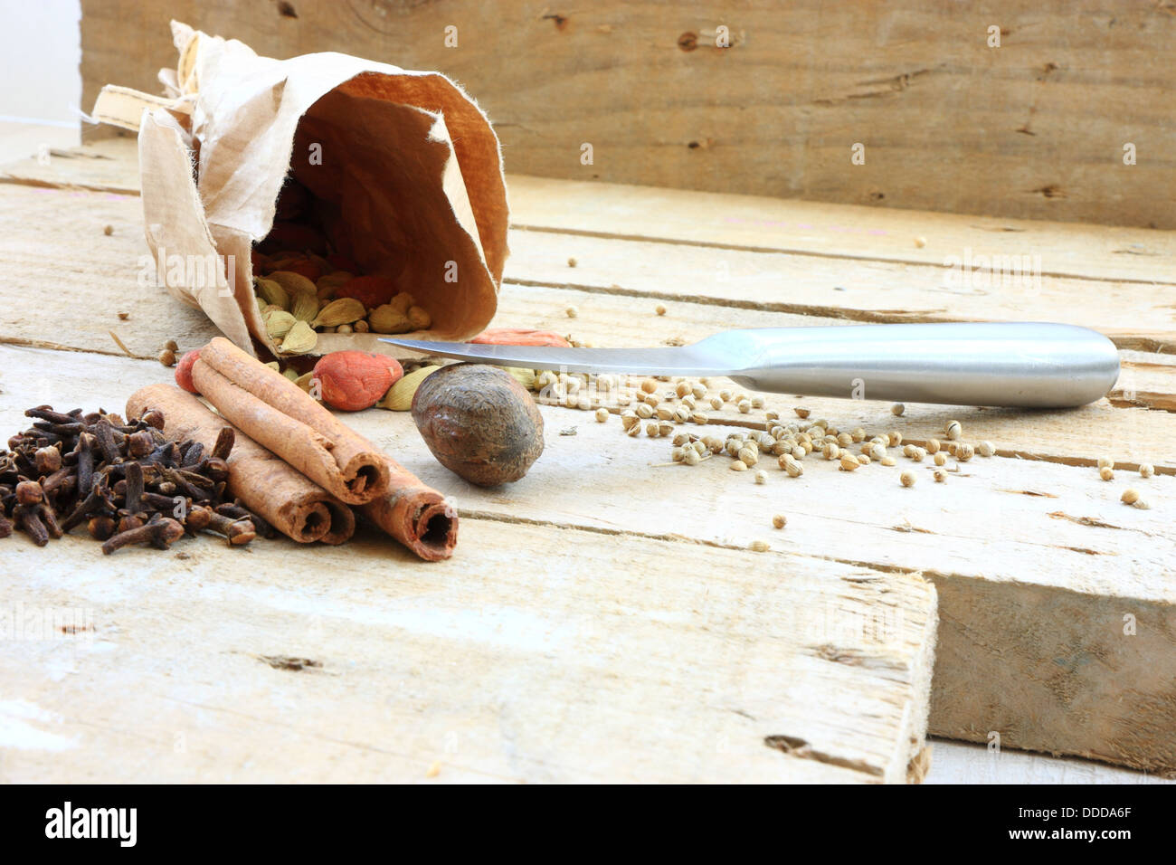 Nutmeg and knife Stock Photo Alamy