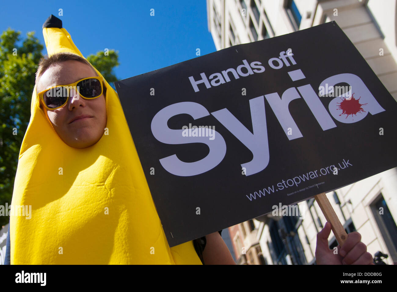 London, UK. 31st Aug, 2013.  A protester dressed as a banana displays his placard as thousands march against US and other western countries using military intervention in the Syrian conflict following 'red line' chemical attacks on civilians. Credit:  Paul Davey/Alamy Live News Stock Photo