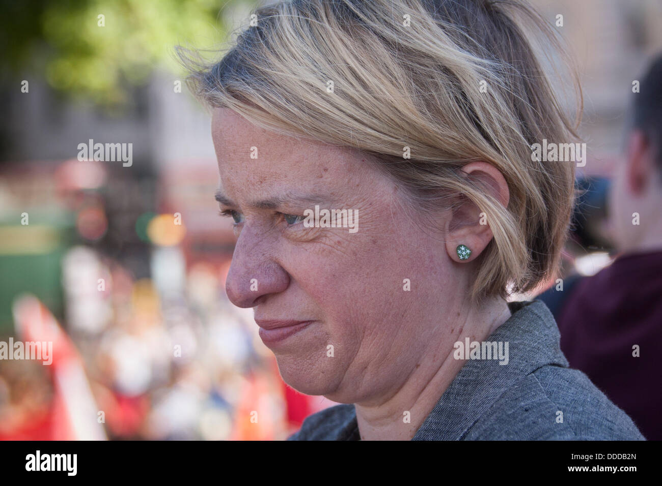 London, UK. 31st Aug, 2013.  Green Part leader Natalie Bennett surveys the crowd in Trafalgar Square as thousands march against US and other western countries using military intervention in the Syrian conflict following 'red line' chemical attacks on civilians. Credit:  Paul Davey/Alamy Live News Stock Photo